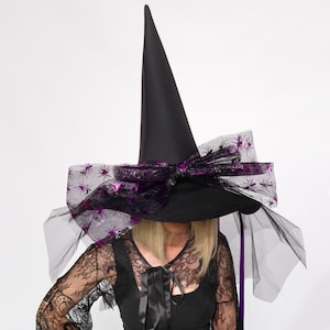 Witch Hat with Veil and Spider Bow – Witch Hat Women, Adult Witch Hat, Large Witch Hat, Black Witch Hat, Halloween Costume