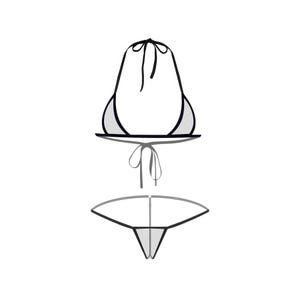Pode incluir: Um conjunto de biqu&iacute;ni preto e branco com top halter e parte inferior de tanga.