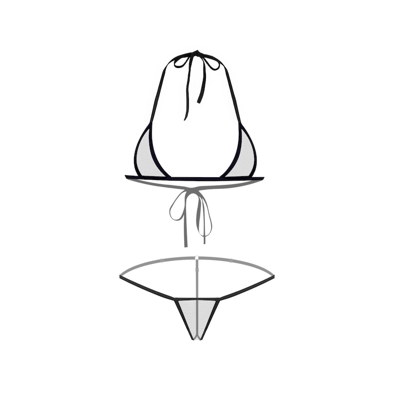 Pode incluir: Um conjunto de biqu&iacute;ni preto e branco com top halter e parte inferior de tanga.