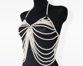 Pearl top, pearl body chain, pearl bra top, festival accessories, rave jewelry, festival jewelry, body jewelry