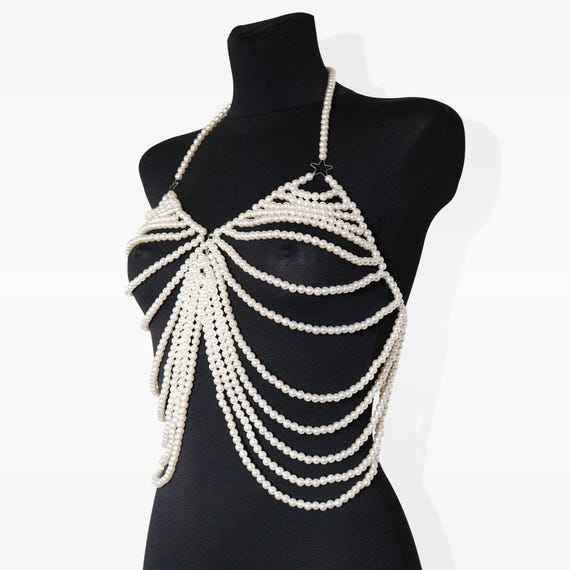 Pearl Body Chain: Beaded Bra Top, Rave Festival Jewelry
