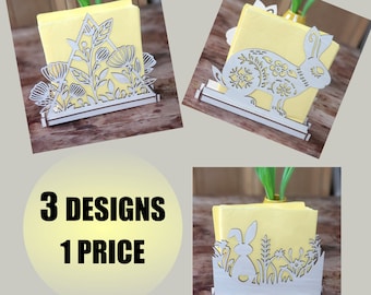 Archivo vectorial del porta servilletas DXF, svg, pdf, archivo vectorial de decoración 3D de Pascua con conejito y flores