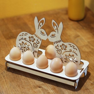 Egg rack vector file for Easter DXF, svg, pdf, Easter 3D decor vector file with bunnies design
