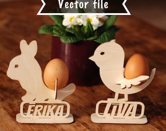 Archivo vectorial del porta huevos DXF, svg, pdf, archivo vectorial de decoración 3D de Pascua con conejito y pollito