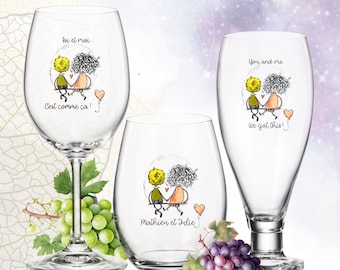 Cute couple on printed wine glass, Beer glass, Gift for wedding, Engagement gift, St-Valentine, Original look