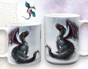 Dragon coffee mug, dragon and winter snow mug, Dragon ceramic mug, mystical dragon mug, Coffee and dragon, Morning coffee dragon