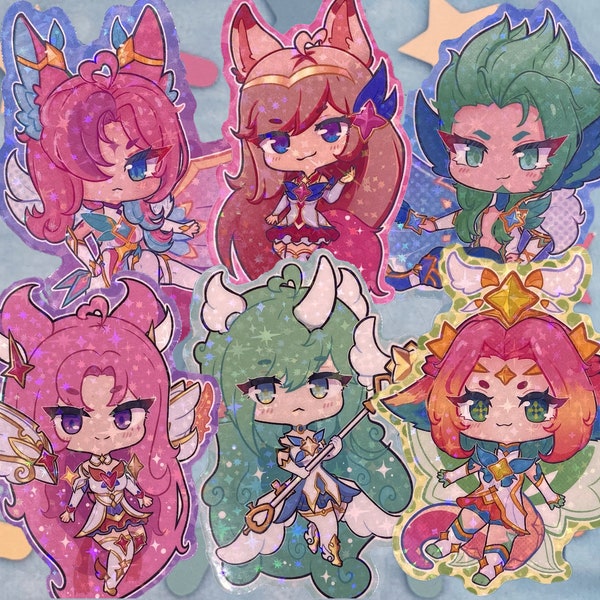 Sternwächter Aufkleber | Ahri Neeko Lux Soraka KaiSa Rakan Xayah | Zauberhafte Mädchen | Holographische Sticker | Wasserfest | Geschenk für Anime Fan