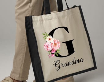 Personalised floral initial and name canvas tote shopper bag, bridesmaid gift, hen party, Mother's day gift, colourful printed tote
