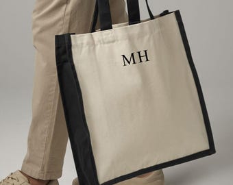 Personalised initials embroidered onto a canvas tote shopper bag, beach bag, hen weekend favour bag, custom colour bag and thread