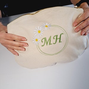 Personalised eco-friendly cotton make-up bag, bits and pieces purse for mum, grandmother, friend or bridesmaid. Flower embroidery gift.