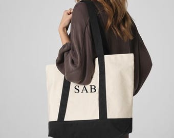 Personalised Organic Varsity Shopper Tote Bag - Embroidered with initials - Choice of Bag Colours and Threads to Customise Your Bag