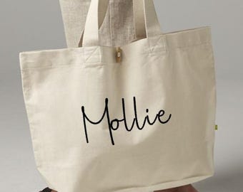 Personalised Organic Cotton Canvas Tote Bag - Embroidered with your name in script font -Choice of Colours and Threads to Customise Your Bag