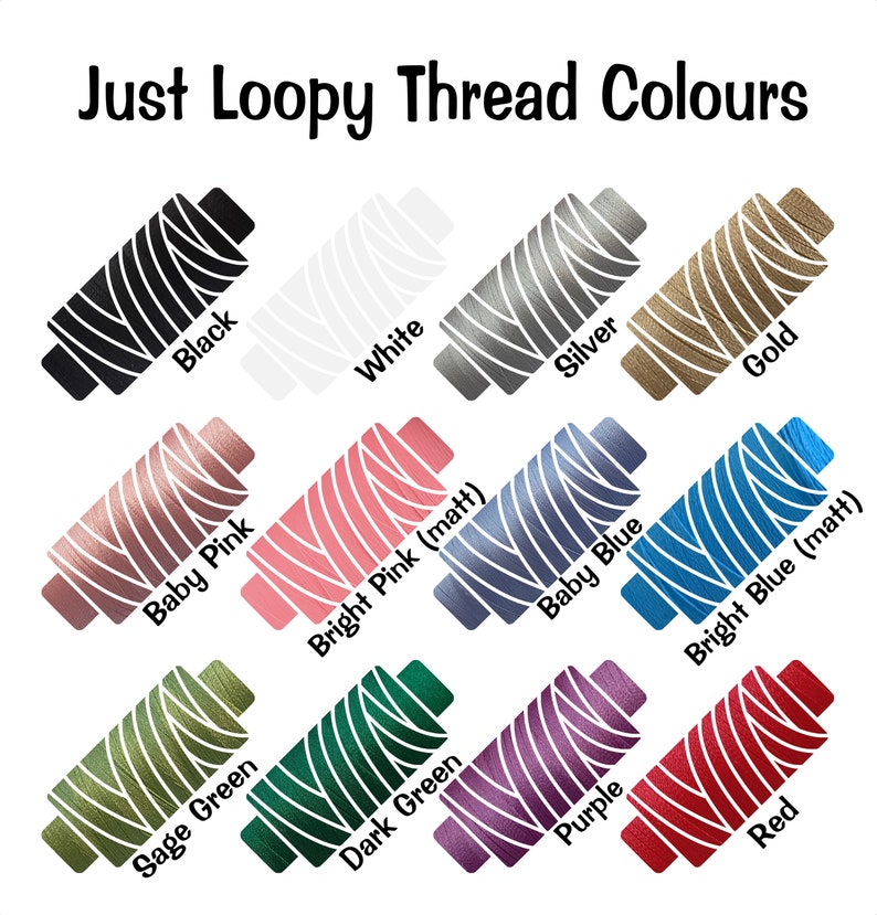 May include: A collection of embroidery floss spools in various colours, including black, white, silver, gold, baby pink, bright pink, baby blue, bright blue, sage green, dark green, purple, and red. The spools are arranged in a grid pattern with the colour names written below each spool.