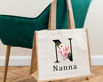 Personalised floral shopper tote bag gift for Mum, Grandma, friend, Bridesmaids or Maid of Honour, pretty design printed with your name.