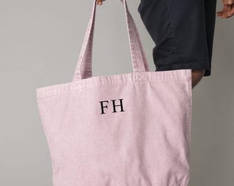Personalised initials embroidered vintage washed style relaxed shopper bag, beach bag, hen weekend favour bag, custom colour bag and thread