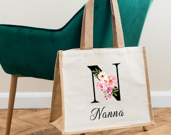 Personalised floral shopper tote bag gift for Mum, Grandma, friend, Bridesmaids or Maid of Honour, pretty design printed with your name.
