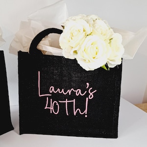 Personalised birthday gift wrap, gift bag for 18th 21st 30th 40th 50th 60th 70th or any birthday, Personalised embroidered mini tote bags.