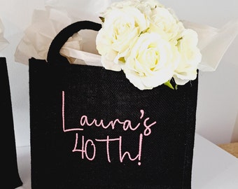 Personalised birthday gift wrap, gift bag for 18th 21st 30th 40th 50th 60th 70th or any birthday, Personalised embroidered mini tote bags.