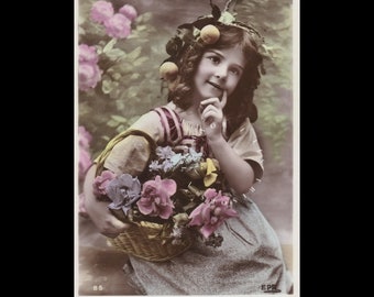 Vintage postcard ∙ Little girl carrying a big basket of flowers