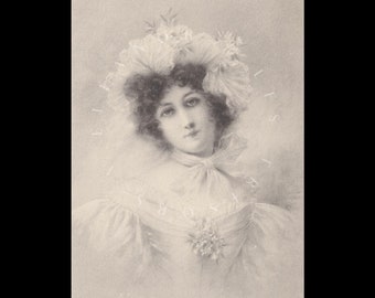 Carte postale ancienne ∙ Illustration ∙ Portrait d'une jolie jeune femme portant un beau chapeau