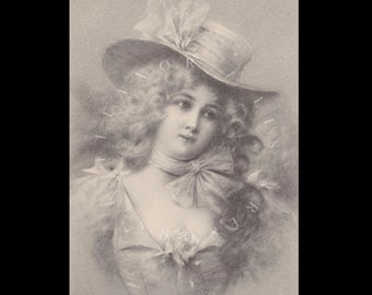 Alte Postkarte ∙ Illustration ∙ Porträt einer hübschen jungen Frau mit einem schönen Hut