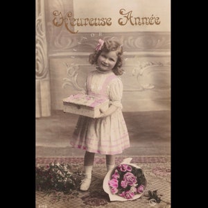 Vintage postcard ∙ Happy New Year ∙ Little girl with presents