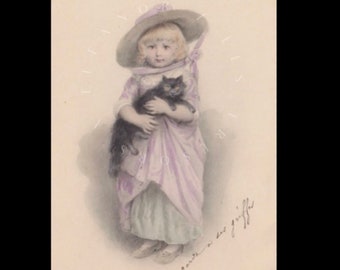 Carte postale ancienne ∙ M. M. VIENNE ∙ Petite fille portant un chat noir dans ses bras