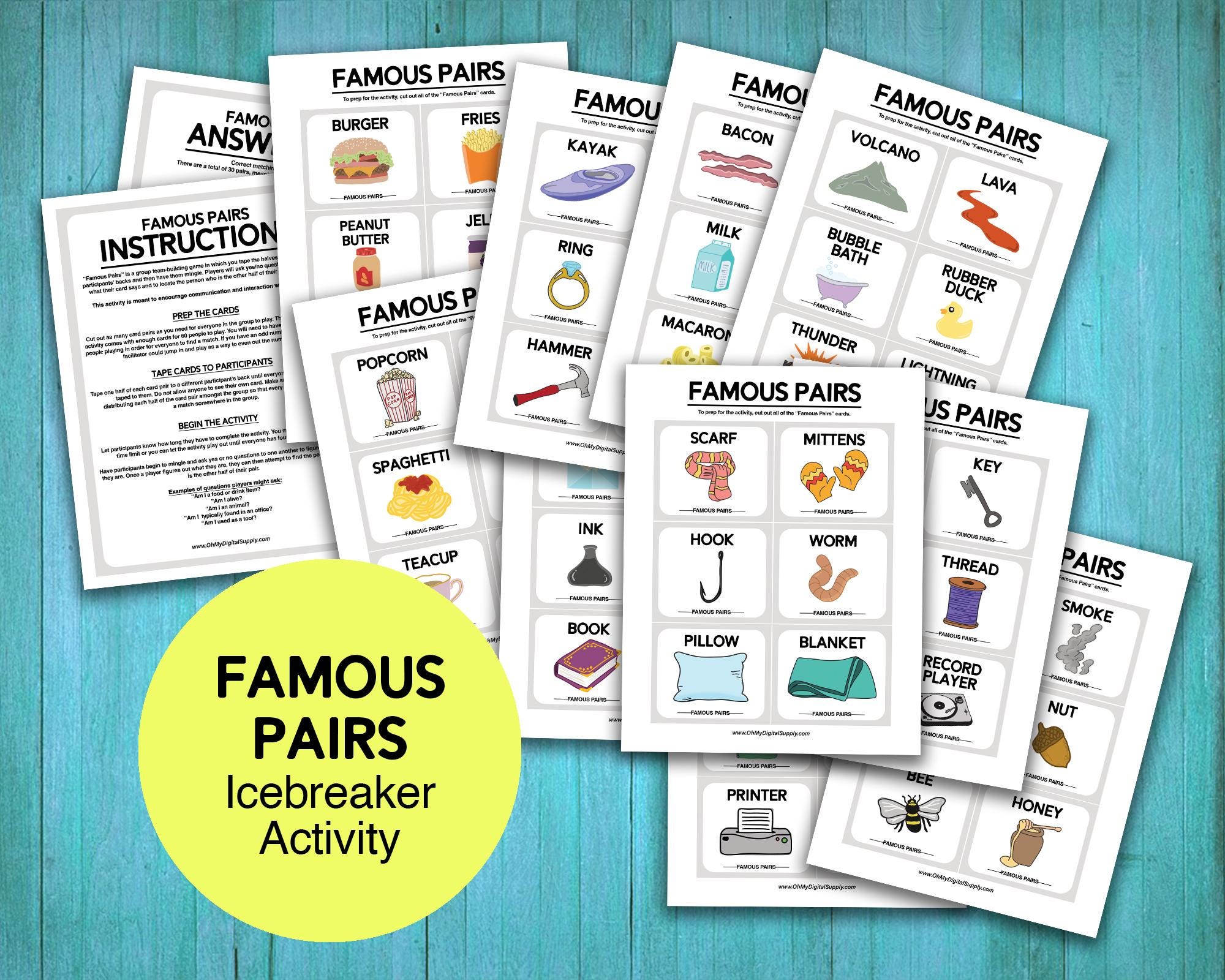 Famous Pairs Group Team-Building Mingle Activity & Icebreaker Game, Printable Get to Know You Activity, Networking Game