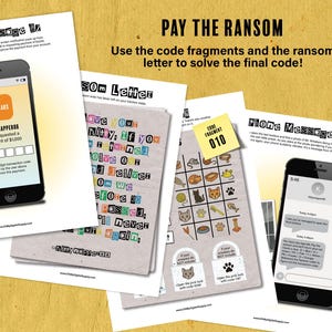 May include: A staged image of a ransom-themed puzzle game. The scene includes printed clues, a smartphone displaying a payment request for $1,000, and a message exchange. The game involves solving codes and a ransom letter.