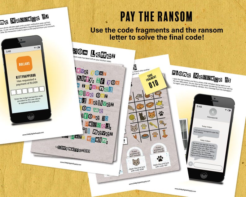 May include: A staged image of a ransom-themed puzzle game. The scene includes printed clues, a smartphone displaying a payment request for $1,000, and a message exchange. The game involves solving codes and a ransom letter.