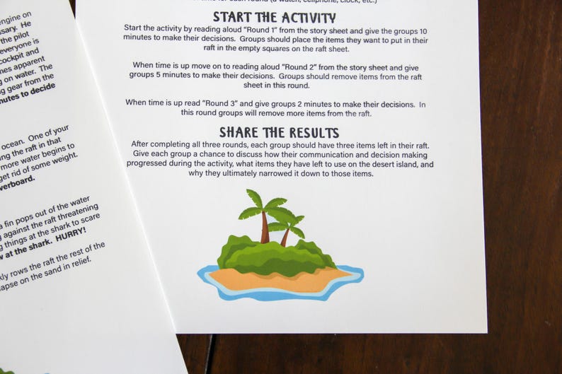 Photo of Desert Island instructions sheet printed and laying on a table.