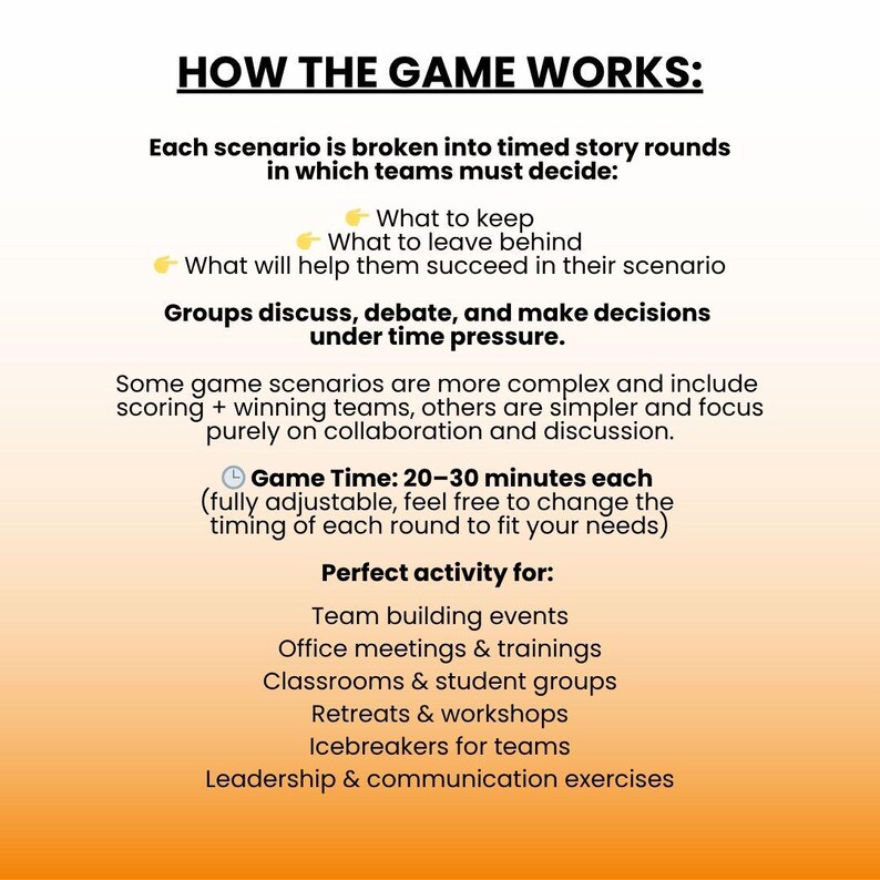 How the game works: each scenario is broken into timed story rounds in which teams must decide what to keep, what to leave behind, or what will help them succeed in their scenario.