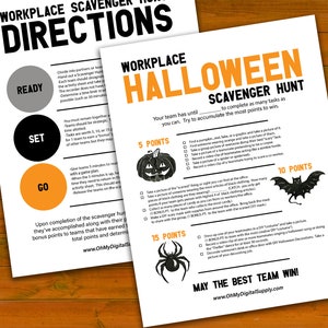 Op de afbeelding: Zwart-witte printbare Halloween-speurtocht met instructies voor een feestje op het werk. Het spel bevat een lijst met taken met punten die aan elke taak zijn toegewezen. De taken omvatten het vinden van een pompoen, het maken van een foto van iemand die oranje draagt en het maken van een foto van een spin.