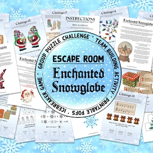 Pode incluir: Um conjunto de páginas PDF imprimíveis para um jogo de fuga "Enchanted Snowglobe". As páginas apresentam ilustrações, desafios e instruções com tema natalino, com um fundo de flocos de neve azuis e brancos.