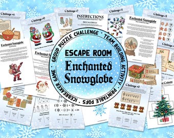 May include: A collection of printable PDF pages for an "Enchanted Snowglobe" escape room game. The pages feature Christmas-themed illustrations, challenges, and instructions, with a blue and white snowflake background.