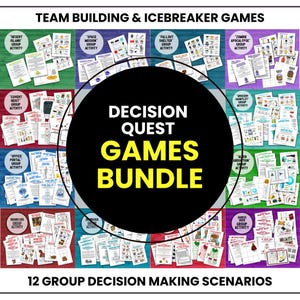 May include: A bundle of Decision Quest Games for team building and icebreaker activities. The image displays various group activity scenarios, including "Desert Island," "Space Mission," and "Zombie Apocalypse." The text reads "12 Group Decision Making Scenarios."