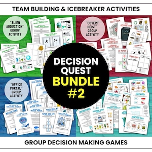 Peut inclure: Une collection d'activités imprimables de team building et de brise-glace pour des jeux de prise de décision en groupe. Les jeux sont organisés en trois catégories : "Alien Abduction", "Office Portal" et "Covert Heist". Le titre de la collection est "Decision Quest Bundle #2".