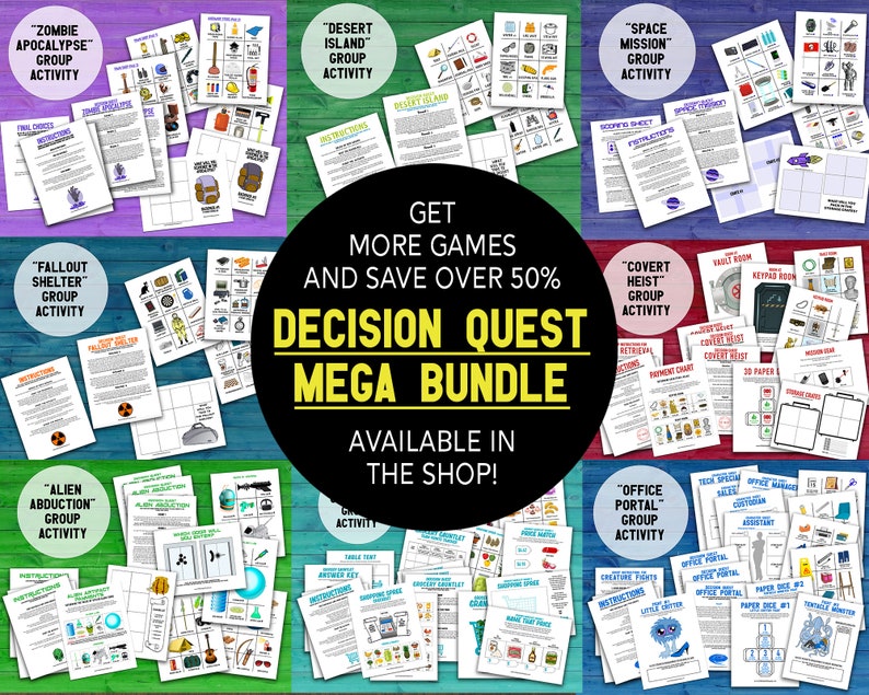 Promo image shows 8 different Decision Quest printable team building activities that are available in the shop.  Get more games and save over 50%.  Decision Quest Mega Bundle.