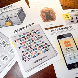May include: A collection of printed puzzle sheets, including a ransom letter, a lockbox illustration, and a phone screen with a payment request. The sheets feature various puzzles and text, with a wooden surface background.