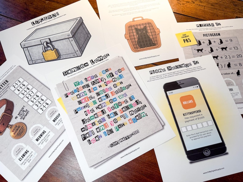 May include: A collection of printed puzzle sheets, including a ransom letter, a lockbox illustration, and a phone screen with a payment request. The sheets feature various puzzles and text, with a wooden surface background.