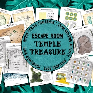 Op de afbeelding: Een turquoise blauwe cirkel met de tekst "Escape Room Temple Treasure" in wit. De cirkel is omringd door verschillende printbare spelstukken, waaronder een kaart, een doolhof, een woordpuzzel en een codekraakpuzzel. De spelstukken zijn gedrukt op wit papier met bruine en zwarte inkt.