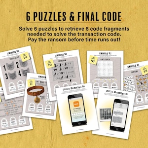 May include: A collection of six puzzles with the text "6 PUZZLES & FINAL CODE" on a yellow background. The puzzles include combo clues, pictograms, and a hint search, with smartphones and a pet collar. Solve to retrieve code fragments.