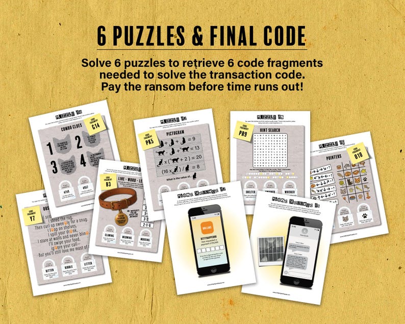 May include: A collection of six puzzles with the text "6 PUZZLES & FINAL CODE" on a yellow background. The puzzles include combo clues, pictograms, and a hint search, with smartphones and a pet collar. Solve to retrieve code fragments.