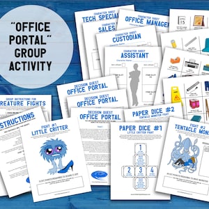 Office Portal group activity. Images of all 19 of the PDF pages included in the printable activity including instructions, story sheets, items pages, character pages, paper dice, creature fight pages, and more.