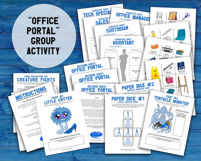 Office Portal group activity. Images of all 19 of the PDF pages included in the printable activity including instructions, story sheets, items pages, character pages, paper dice, creature fight pages, and more.