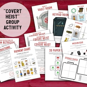 Covert Heist group activity. Images of all 14 of the PDF pages included in the printable activity including instructions, story sheet, items pages, backpack pages, room pages, mission gear, paper dice, storage cases, and payment chart.