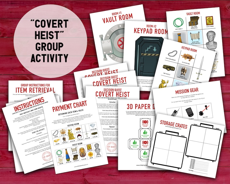 Covert Heist group activity. Images of all 14 of the PDF pages included in the printable activity including instructions, story sheet, items pages, backpack pages, room pages, mission gear, paper dice, storage cases, and payment chart.
