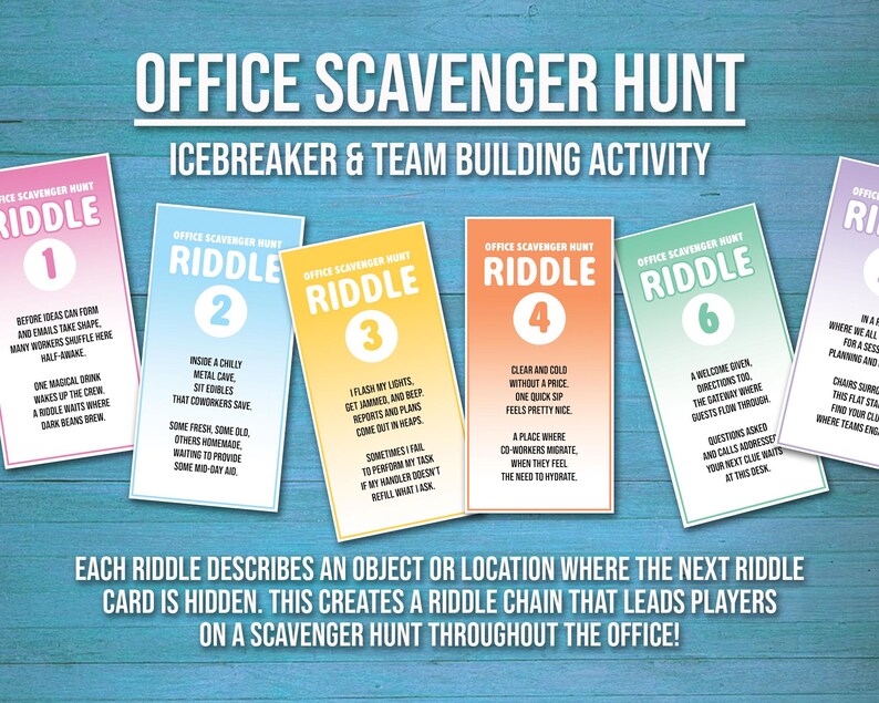 Team Solving Riddles Office Scavenger Hunt Riddle Based Team Building Activity, Workplace ...