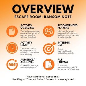 Activity overview: This activity is a themed escape room game with a 30 minute timed play length. It is intended for teenage and adult players as a group team-building activity or icebreaker game. It is available in a PDF file format.