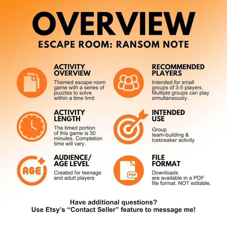 Activity overview: This activity is a themed escape room game with a 30 minute timed play length. It is intended for teenage and adult players as a group team-building activity or icebreaker game. It is available in a PDF file format.